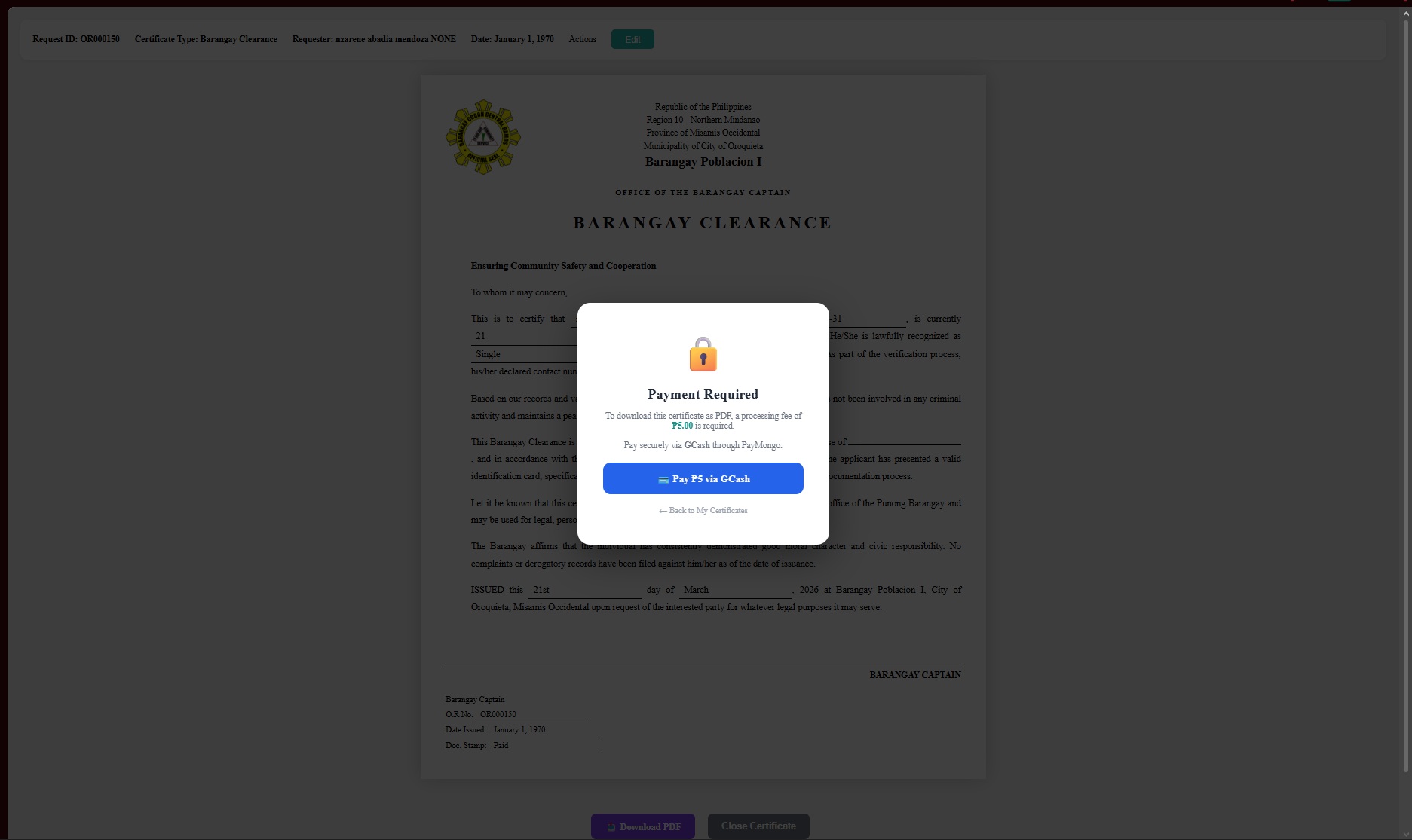 Payment Required popup